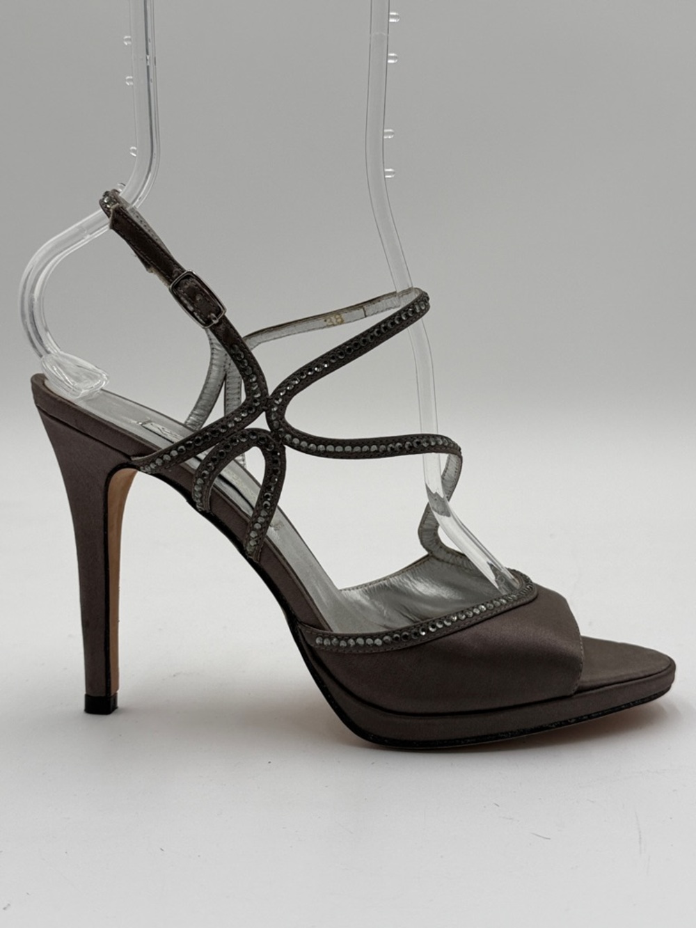 LULY YANG sz38 Satin Rhinestone Strappy High Heel Sandals